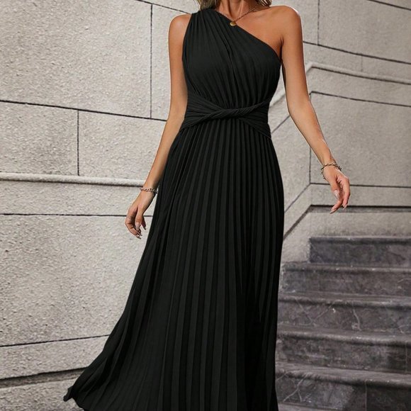 Black Casual Womens One Shoulder Twist Front Pleated Hem Dress - Picture 4 of 5